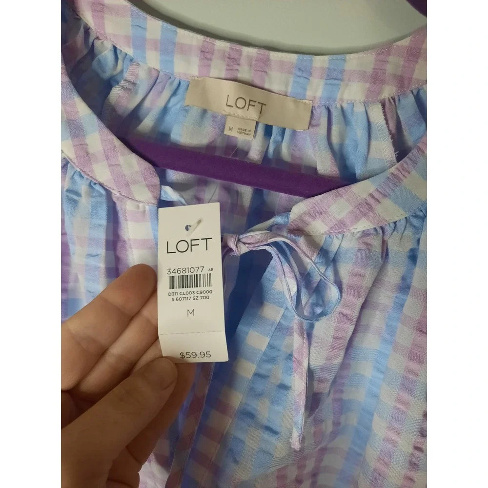 LOFT Gingham Puff Sleeve Blouse Blue Purple Pastel Plaid Top NWT Size M